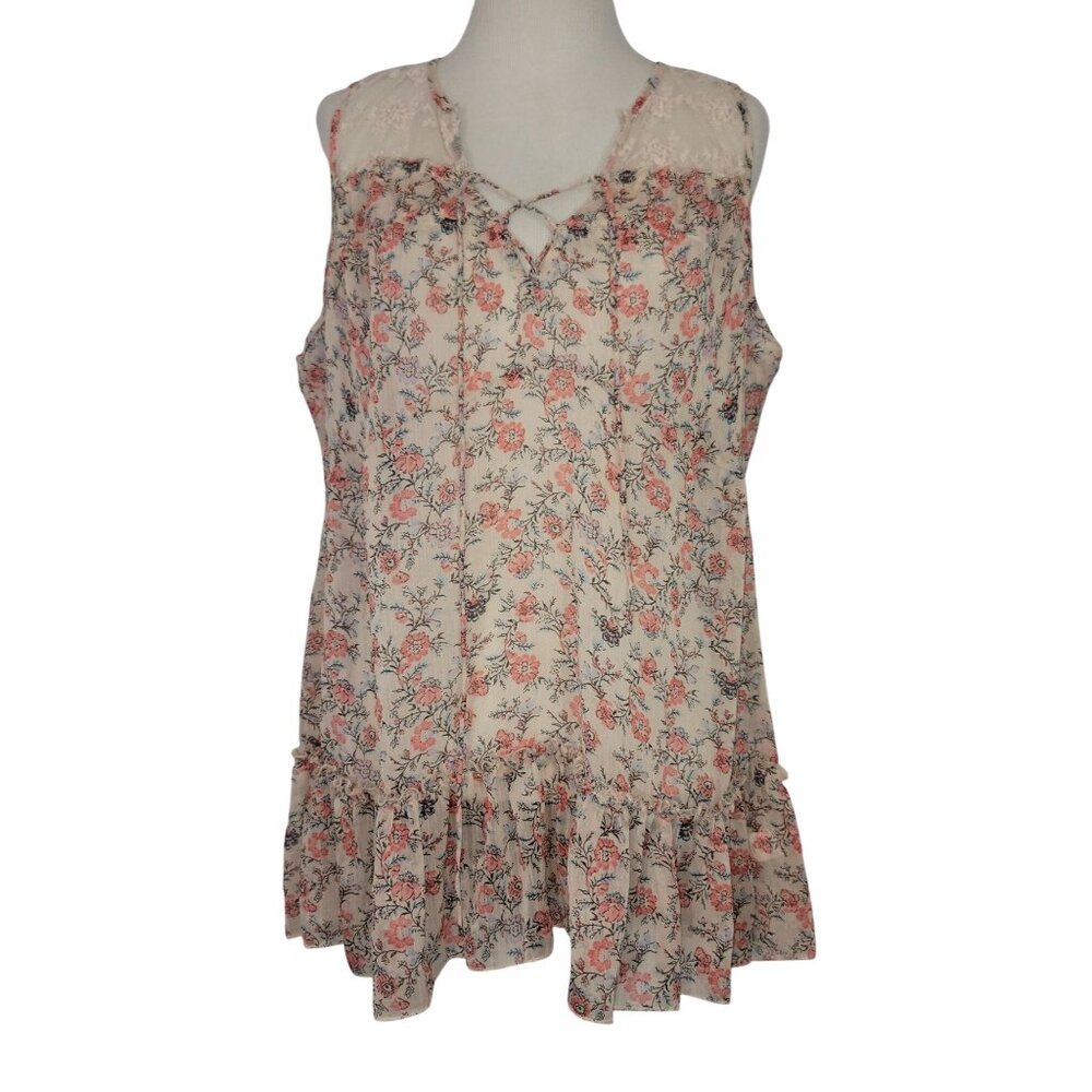 Floral Sleeveless Ruffle Hem Lace Accent Blouse XXL By 15/Fifteen Polyester